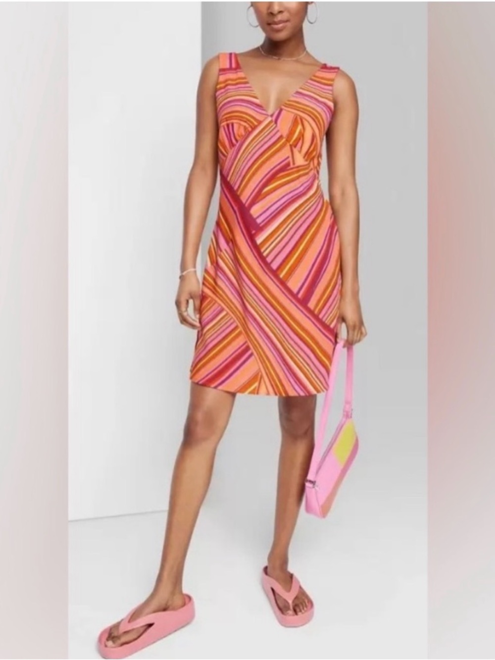 wild fable Striped V-Neck Mini Dress - Pink & Orange